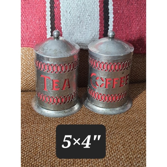 Vintage Coffee & Tea Silver Tone Metal Lidded Red Inside Canisters Counter Set - Picture 2 of 5